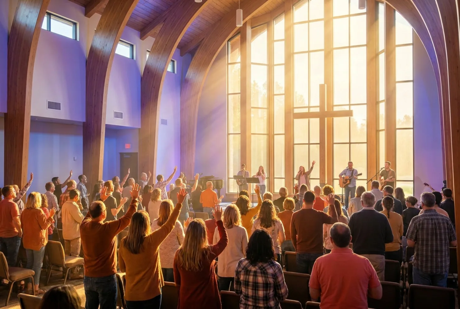 A congregation gathered in joyful worship in a light-filled sanctuary